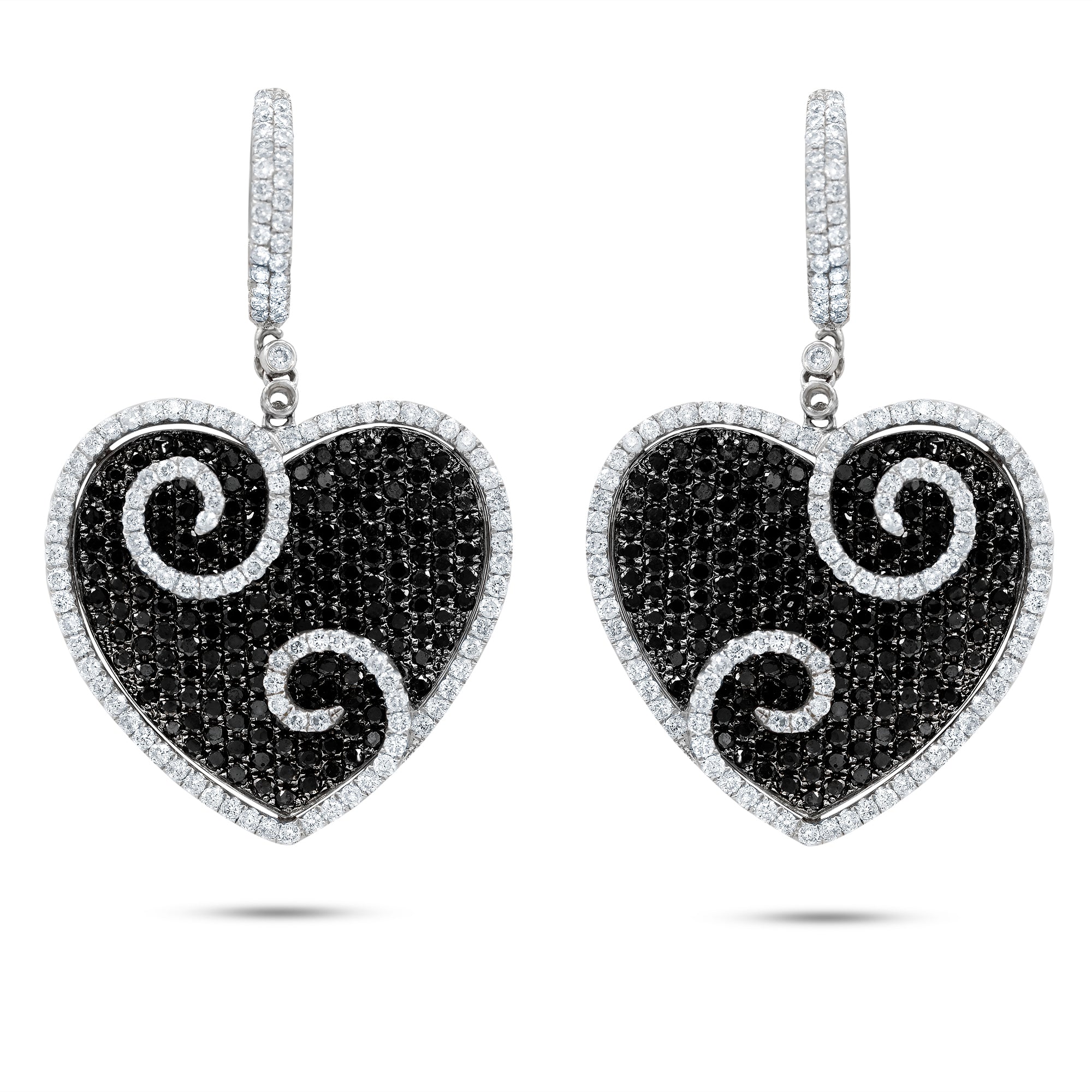18K white gold black and white diamond heart swirl drop earrings, 5.23ct