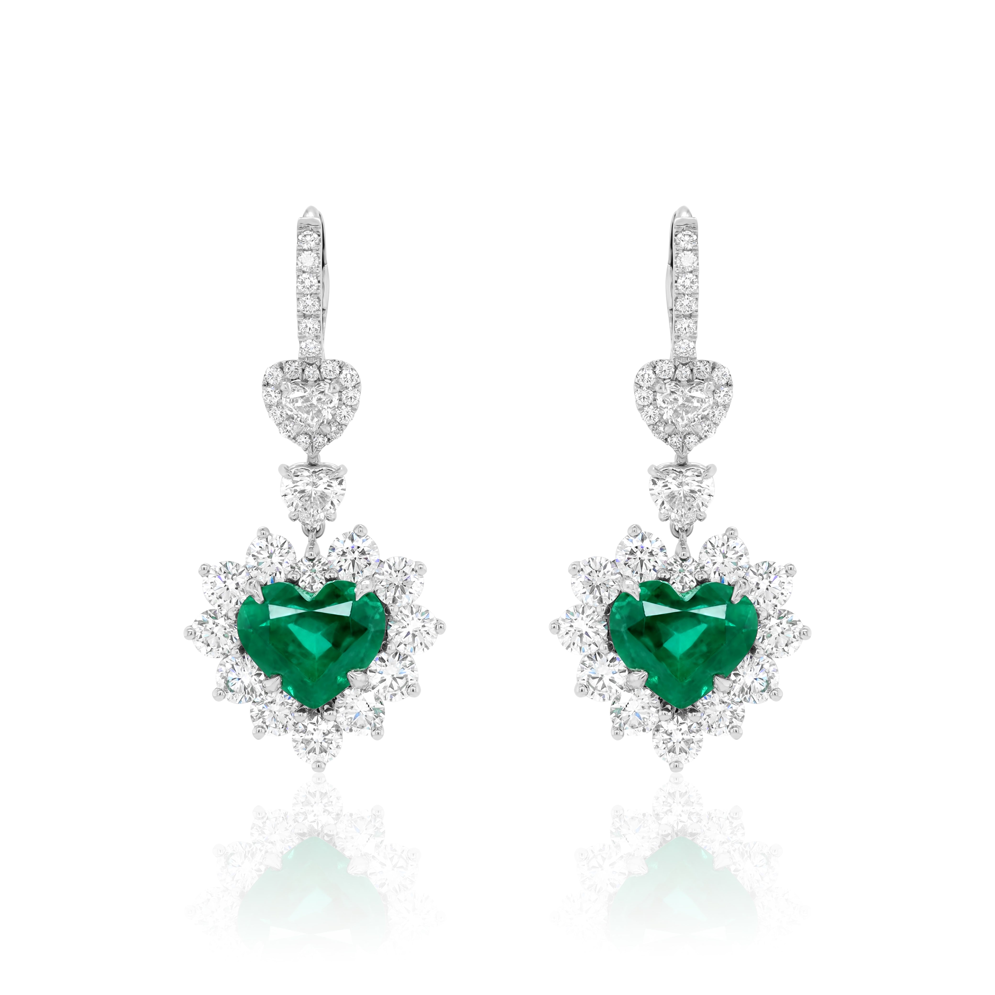 18K white gold emerald and diamond heart drop earrings, 8.16ct emeralds, 8.00ct diamonds
