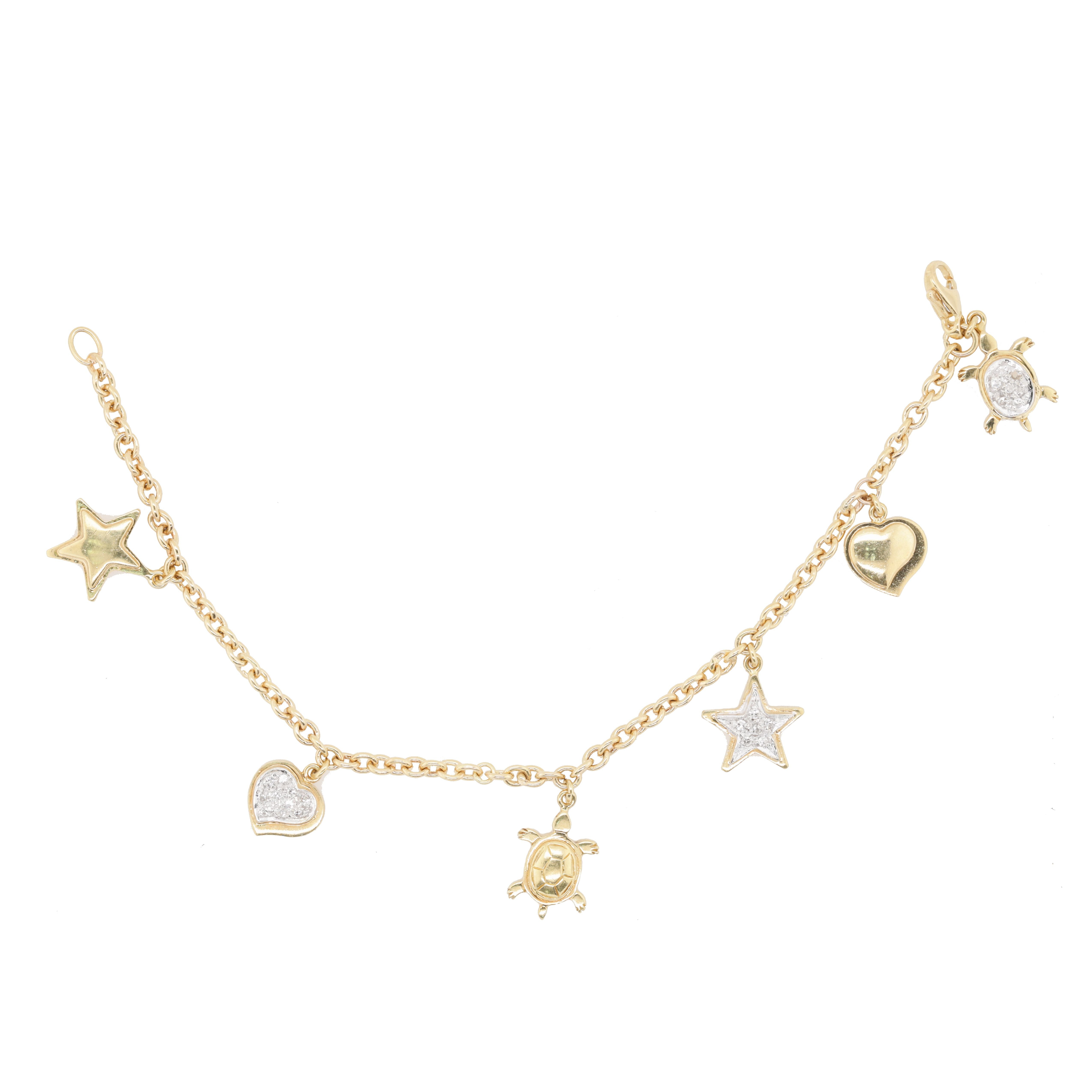18K yellow gold multi-shape diamond charm bracelet, pavé heart star turtle design