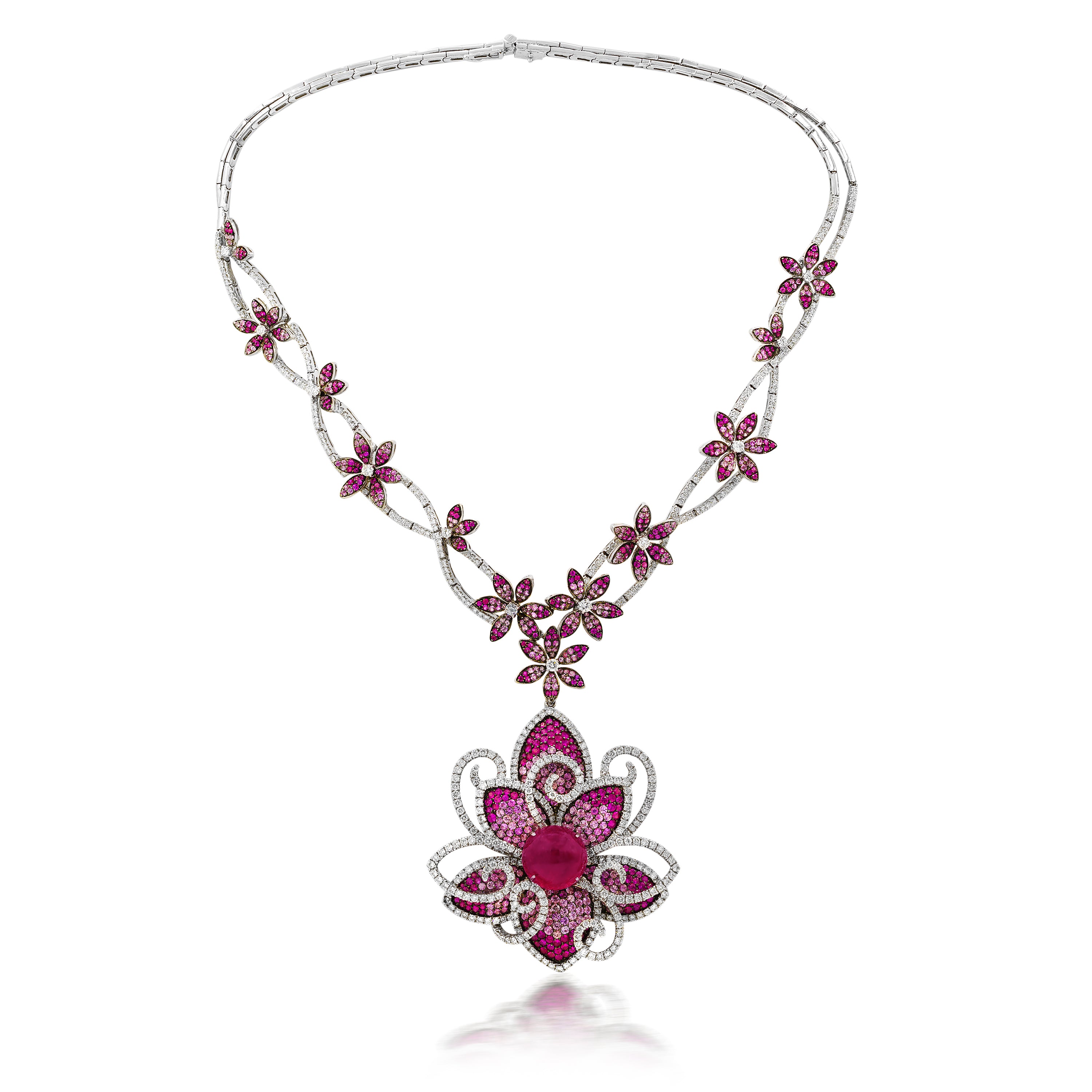 Ruby Pink Sapphire Diamond Flower Necklace