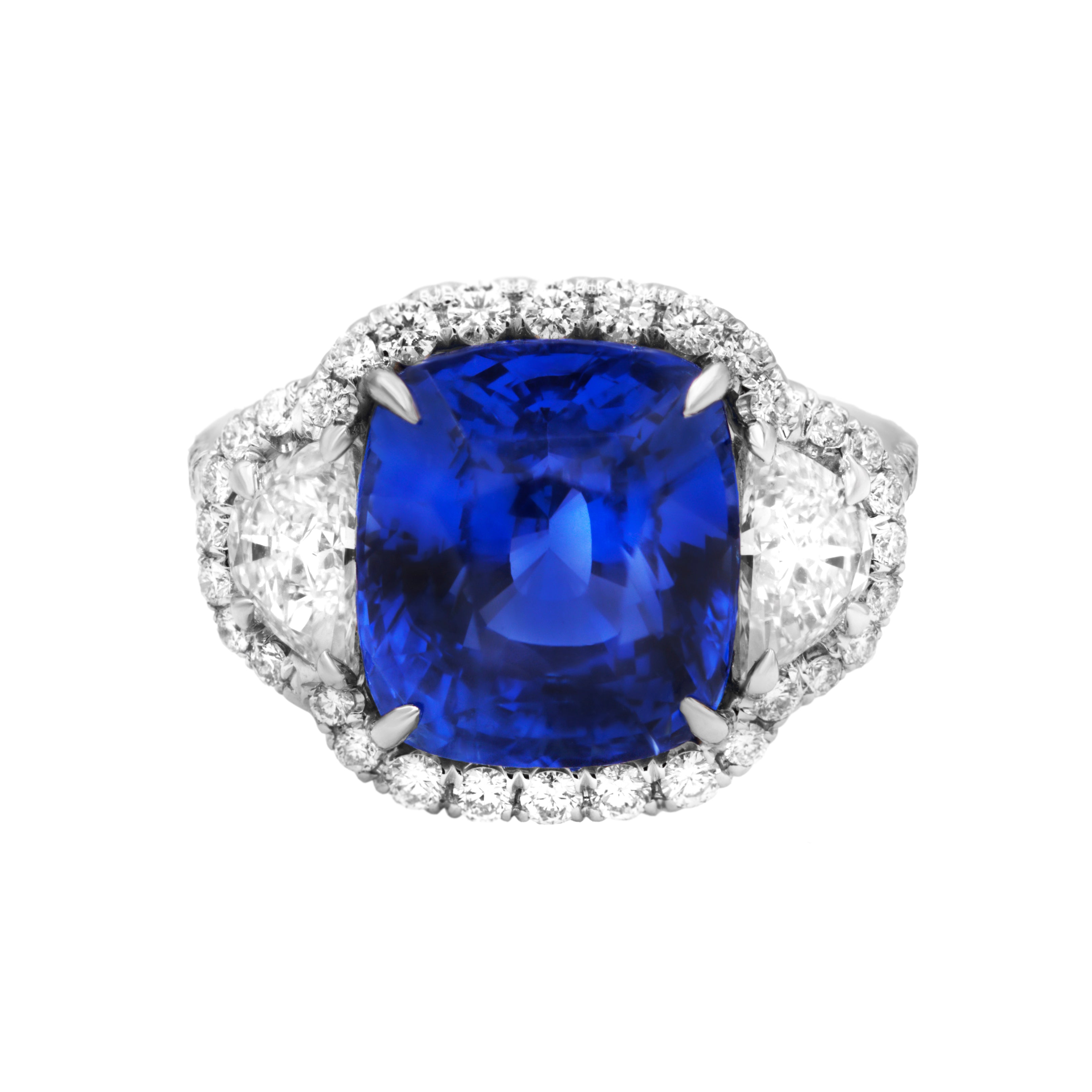 Three Stone Sapphire Diamond Halo Ring