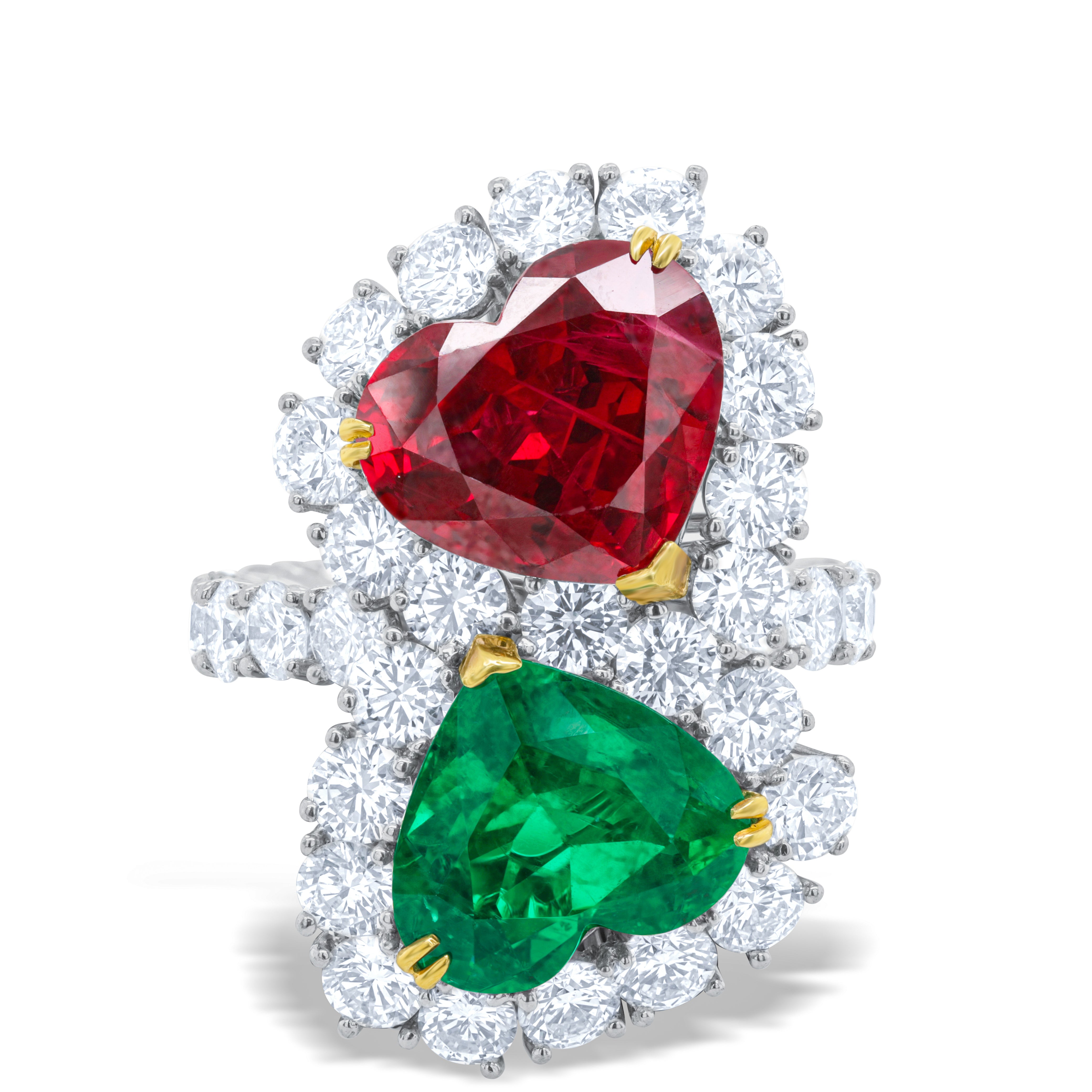 Platinum Toi et Moi ring with heart-shaped ruby and emerald, 11.05ct gemstones, 6.60ct diamonds