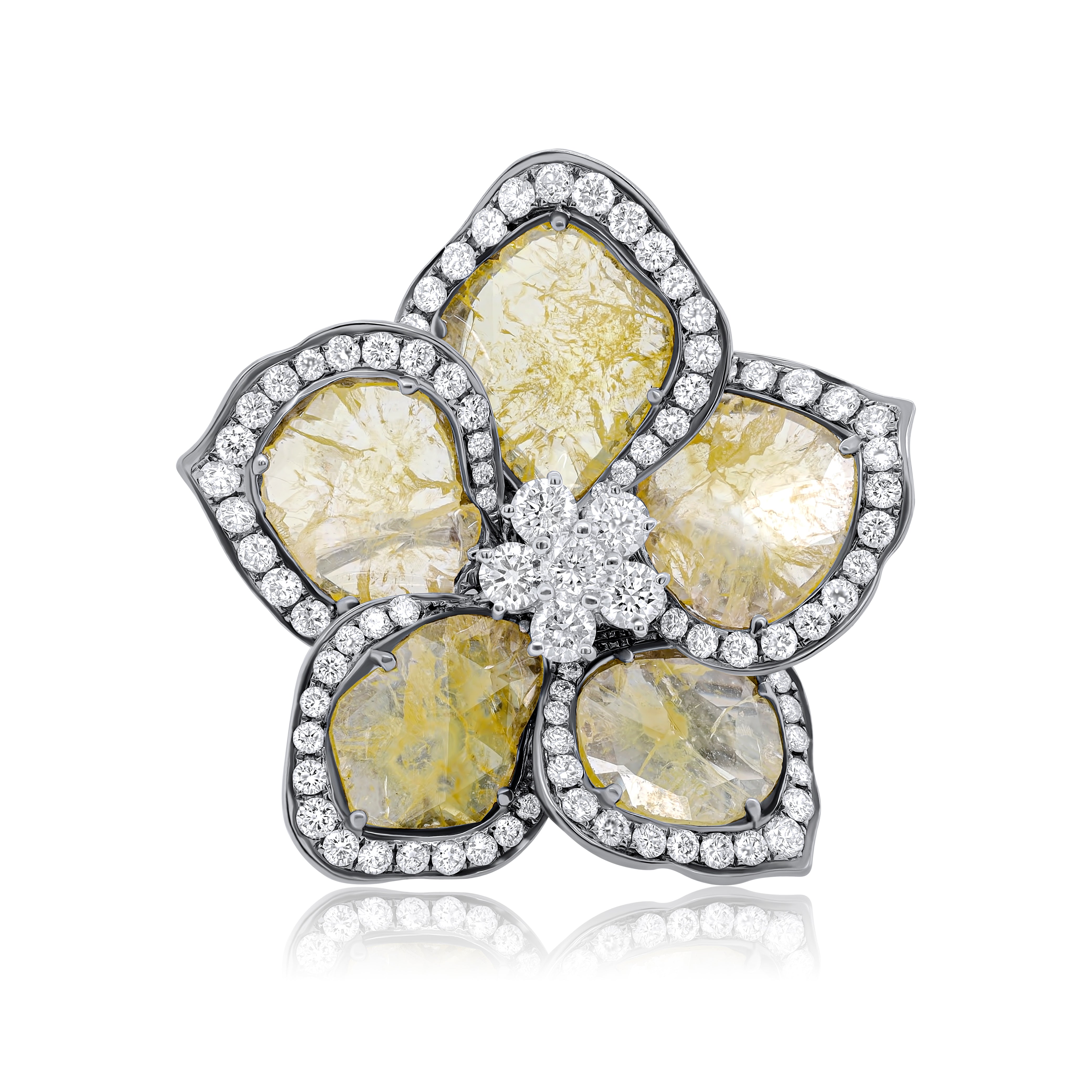 Yellow and White Rough Cut Diamonds Split Shank Ring